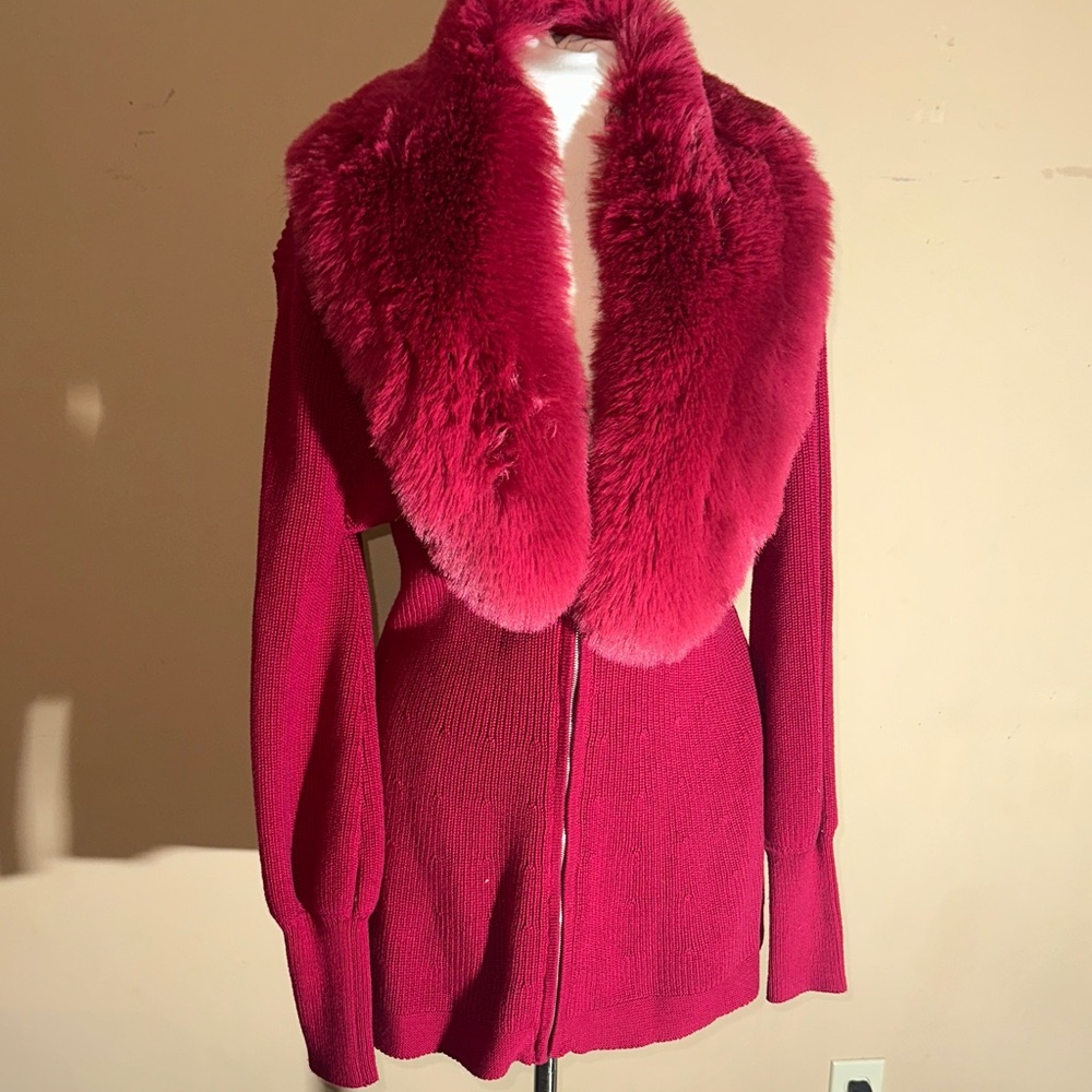 Boston Proper Red Sweater with Faux Fur Collar